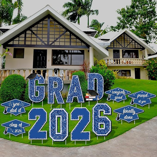 Aneco Waterproof 2026 Grad Yard Signs Plastic Graduation Yard Signs Party Outdoor Lawn Decorations 16 Inches Glitter Congrats Grad Lawn Sign with Stakes for Outdoor Party Garden Decor (Blue)