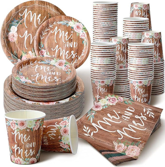 Zhehao 250 Pcs Retro Bridal Shower Plates Napkins Sets 50 Pcs 9'' Dinner Plates and 7'' Dessert Plate and 9oz Cups 100 Napkins Serves 50 Party Supplies Bridal Shower Engagement Decoration