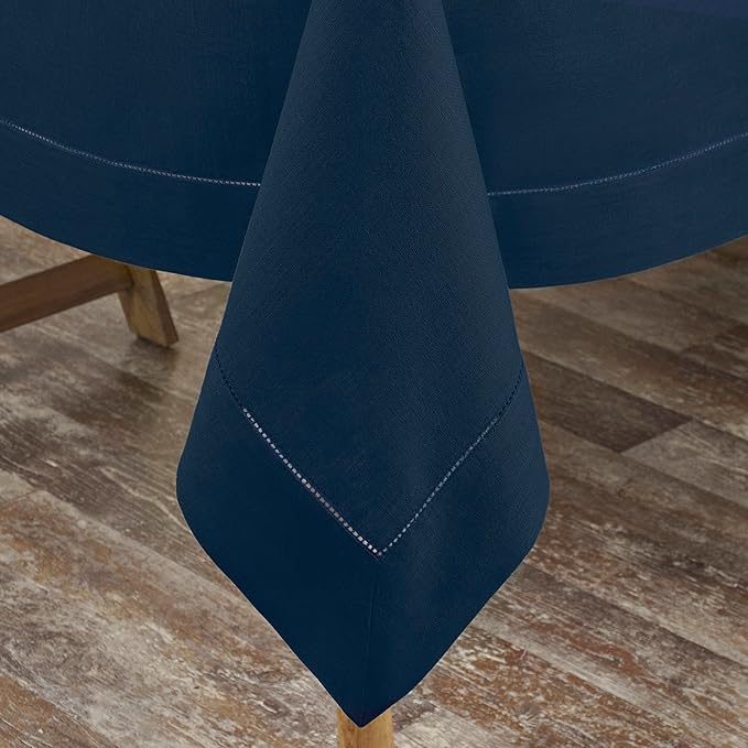 D'Moksha Homes Navy Blue Linen Tablecloth for Rectangle Tables 60 x 90 Inch - 100% Pure Linen Navy Table Cloth - Classic Hemstitch, Machine Washable Tablecloth for Easter