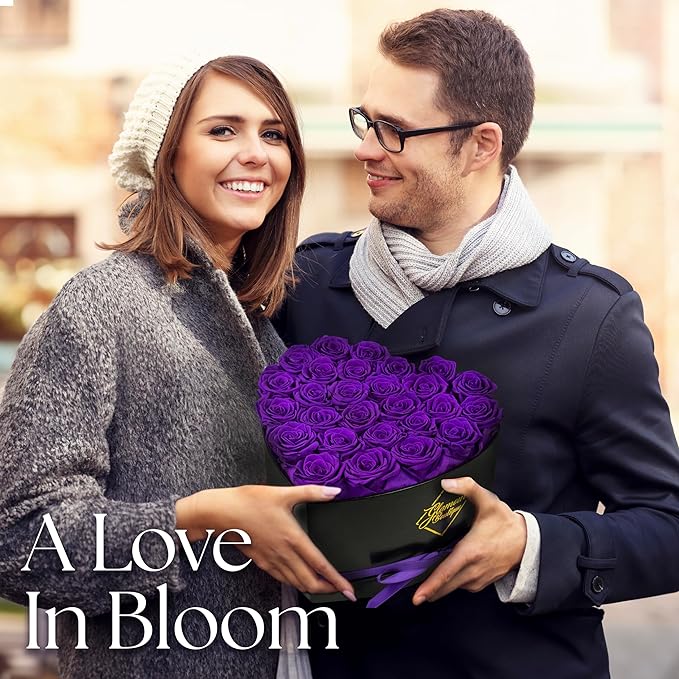 GLAMOUR BOUTIQUE 27 Flower Forever Heart Shape Box, Eternal Preserved Roses Gift for Her, Lasting Flowers, Premium Floral Heart Box for Birthday, Anniversary or Valentine’s Day, Purple (Color-Treated)