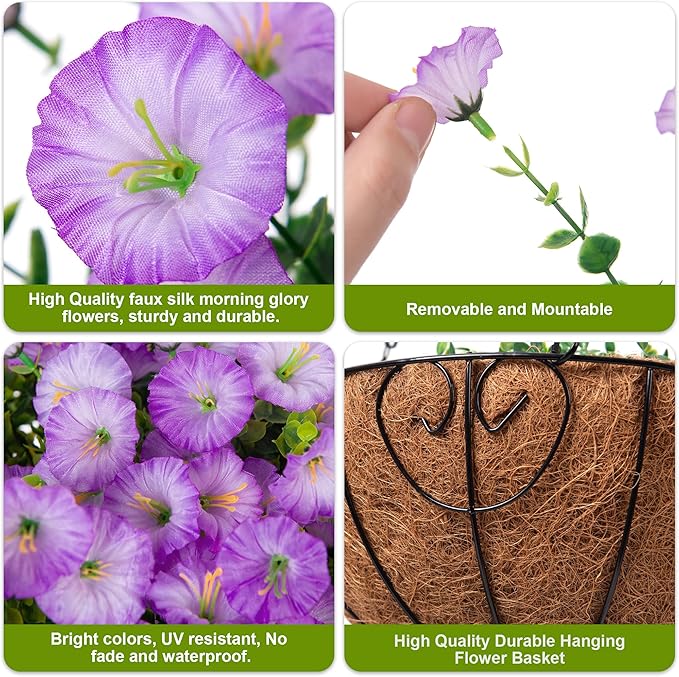 Artificial Fake Hanging Plants Flowers Basket for Outdoors Spring Summer Decoration, UV Resistant Realistic Outdoor Faux Silk Morning Glory in Planter for Outside Porch Patio Balcony Garden Yard Home