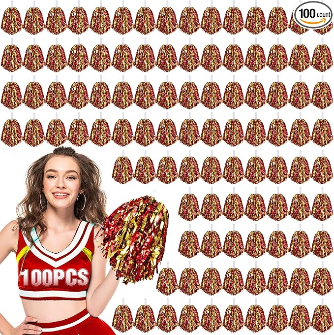 Hanaive 100Pcs Metallic Cheerleading Pom Poms with Baton Handle Cheerleader Pompom Foil 30g Cheering Squad Hand Flowers for Adults Team Spirit Sports Party Cheering