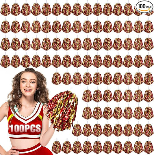 Hanaive 100Pcs Metallic Cheerleading Pom Poms with Baton Handle Cheerleader Pompom Foil 30g Cheering Squad Hand Flowers for Adults Team Spirit Sports Party Cheering