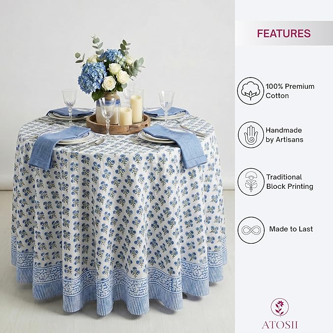 ATOSII Gulbahar Blue 100% Cotton Fall Round Tablecloth, Handblock Print Floral Table Cloth for Kitchen Dining Linen I Thanksgiving, Christmas, Weddings, Outdoors, Parties I 72" Inches Diameter