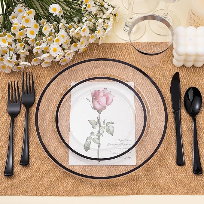 Beststar 350PCS Black and Clear Plastic Dinnerware Sets for 50 Guests, Include 100 Black Disposable Plates, 100 Forks, 50 Knives, 50 Spoons, 50 Cups,Halloween