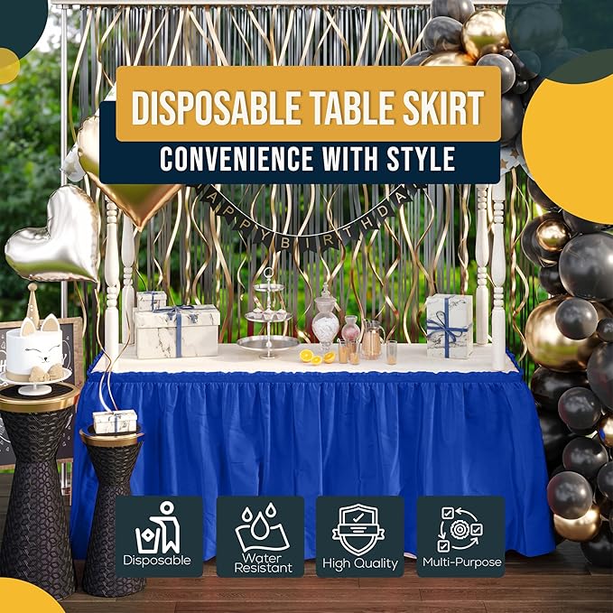 Exquisite Ruffle Table Skirt Dark Blue 48 Pack 14 Ft Long Table Skirts for Rectangle Tables 6ft Plus or Round Tables Skirts with Adhesive Strip for Gender Reveal Decor & Happy Birthday Parties
