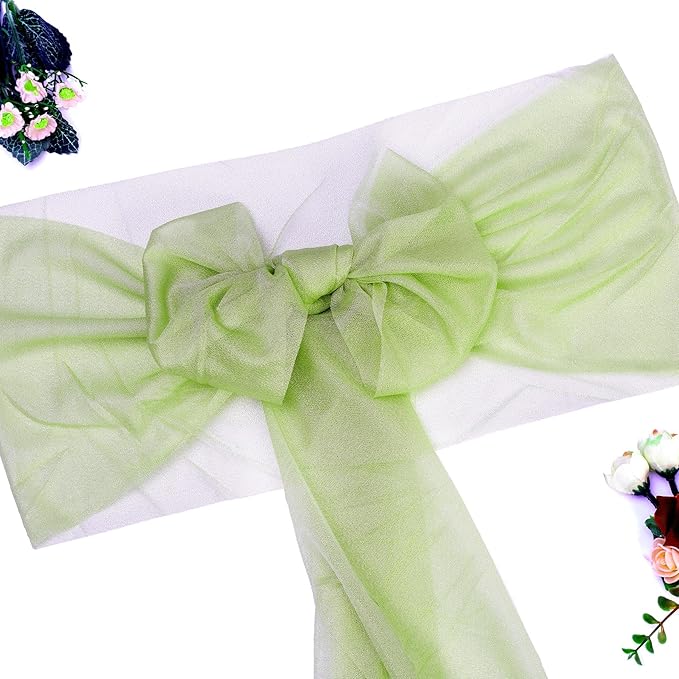 VDS Pack of 300, Sage Green, Sheer Chiffon Chair Sashes Bows Chair Cover Back Tie Ribbon for Wedding Birthday Baby Shower Engagement Ceremony Event Party Banquet Restaurant Dining Chair Decoration