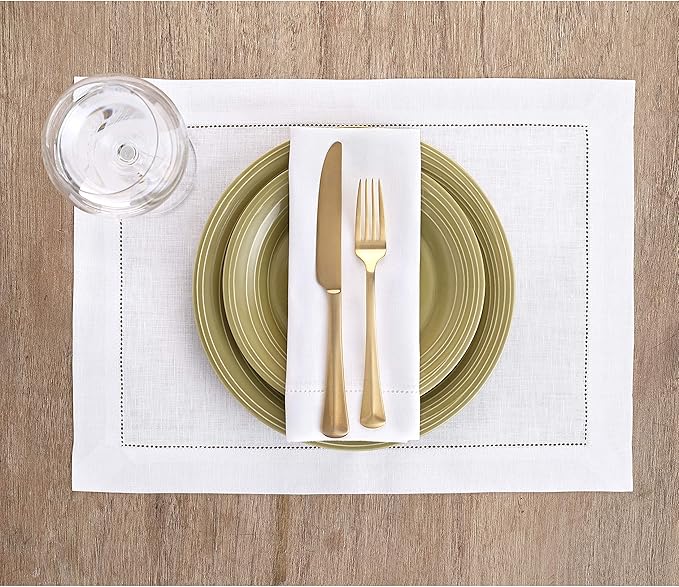 Solino Home Linen Cloth Placemats Set of 6-100% Pure Linen Hemstitch White Placemats 14 x 19 Inch - Classic Hemstitch Table Place Mats for Winter, Valentines, Spring, Easter