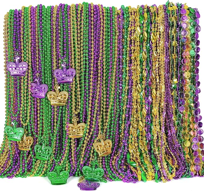 144PCS Mardi Gras Beads Throws, Mardi Gras Green Purple Gold Metallic Beads Necklaces Accessories Bulk, Mardi Gras Beads Necklace Costumes Women Men for Parade Throws Party Decor Favor Supplies