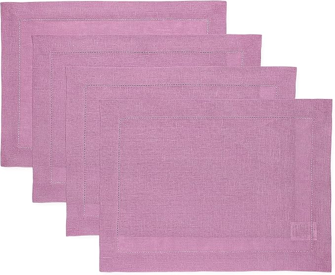 Solino Home Linen Cloth Placemats Set of 4-100% Pure Linen Hemstitch Violet Placemats 14 x 19 Inch - Classic Hemstitch Table Place Mats for Valentines, Spring, Easter