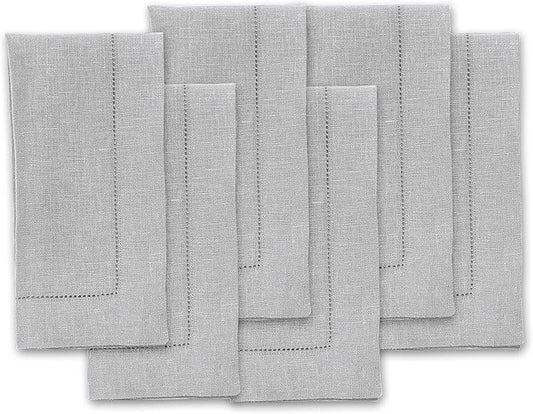 Solino Home Linen Napkins Set of 6 - Classic Hemstitch 100% Pure Linen Soft Grey Dinner Napkins Cloth 20 x 20 Inch for Winter, Spring, Easter - Handcrafted and Machine Washable