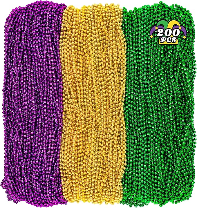 200PCS Mardi Gras Beads, 33" Bead Necklace, Mardi Gras Accessories, Purple Gold Green Party Beads Parade Throws Bulk for Christmas Pirate Wedding Birthday Party Supplies Decor