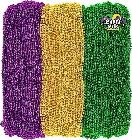 200PCS Mardi Gras Beads, 33" Bead Necklace, Mardi Gras Accessories, Purple Gold Green Party Beads Parade Throws Bulk for Christmas Pirate Wedding Birthday Party Supplies Decor