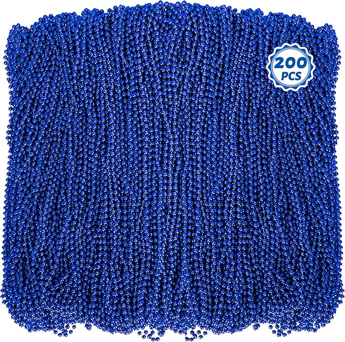 200 PCS Beaded Necklace, 33" Mardi Gras Beads, Blue Bead Necklace, Mardi Gras Accessories, Parade Beads Bulk for Hanukkah Christmas Pirate Birthday Gender Costume Party Supplies