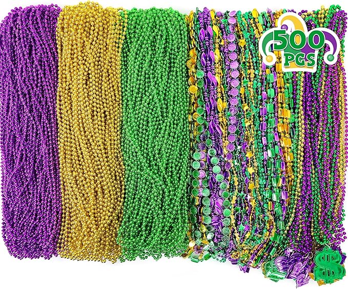 500 Pcs Mardi Gras Beads Necklace Bulk, Purple Gold Green Beads Necklaces Assortment for Carnival Decor, 9 Styles Metallic Mardi Gras Necklaces for Carnival Parade Throws Carnival Costume Party