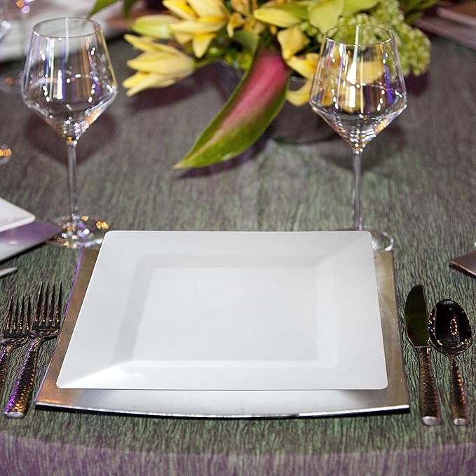 Oasis Creations White Square Plates Set 10" - 50 count - Premium Hard White Plastic - Disposable and Reusable - Salad Appetizer Dinner Party Plate Set