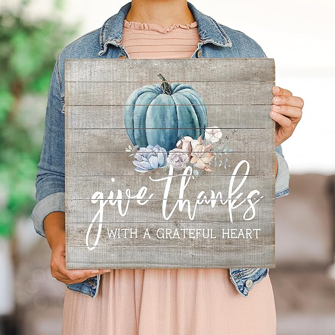 Simply Said, INC Perfect Pallets Fall Sign - Give Thanks with a Grateful Heart - 14 x 14 inch Wood Sign - Pumpkin Fall Decor - Blue Pumpkin Decorations - Thanksgiving Sign - PAL1250