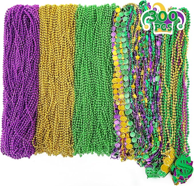 300 PCS Purple Gold Green Mardi Gras Beads Bulk, 9 Styles Beads Necklaces Assortment for Mardi Gras Decorations, Mardi Gras Beads Necklaces for Mardi Gras Parade Throws Masquerade Party Accessories