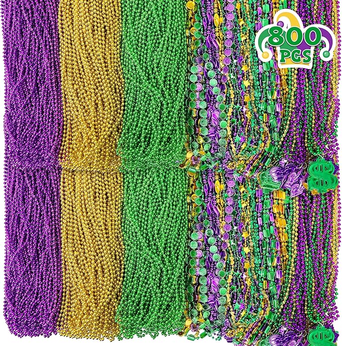 800 PCS Mardi Gras Beads Bulk, 9 Styles Green Purple Gold Metallic Mardi Gras Beads Accessories Bulk, Round Coin Crown Mask Pattern Carnival Beads Necklace for Parade Throws Party Supplies