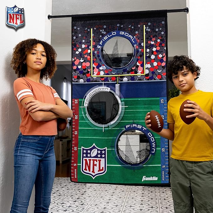 Franklin Sports NFL Mini Football Toss Target Game - NFL Door Jam Football Over The Door Target + (4) Mini Balls Set - 3 Hole Throwing Game for All Ages - Practice Passing + Aim