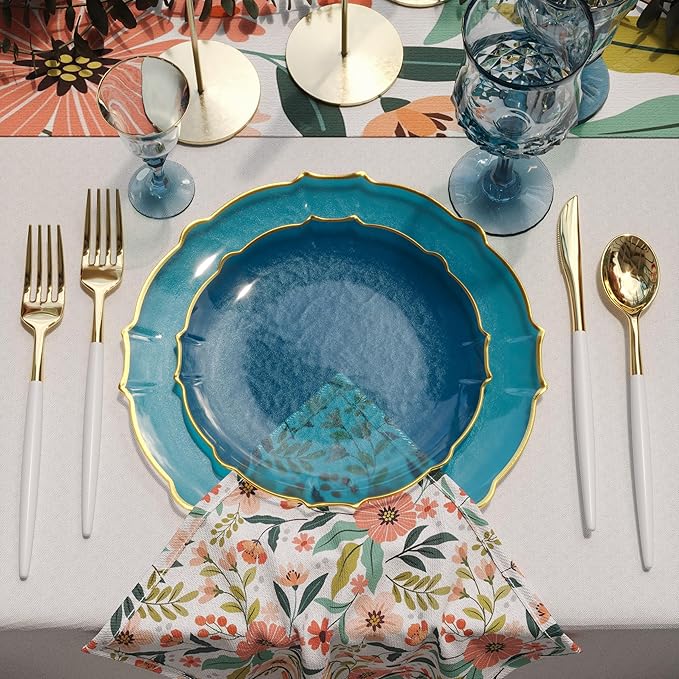 Exquisite Plastic Plates for Party 40 Piece Fancy Plastic Dinner Plates For 20 Guests 20 X 7.5 Dessert Plate & 20 X 10 Thin Delicate Disposable Dinnerware Charger Plate Peacock Gold Rim
