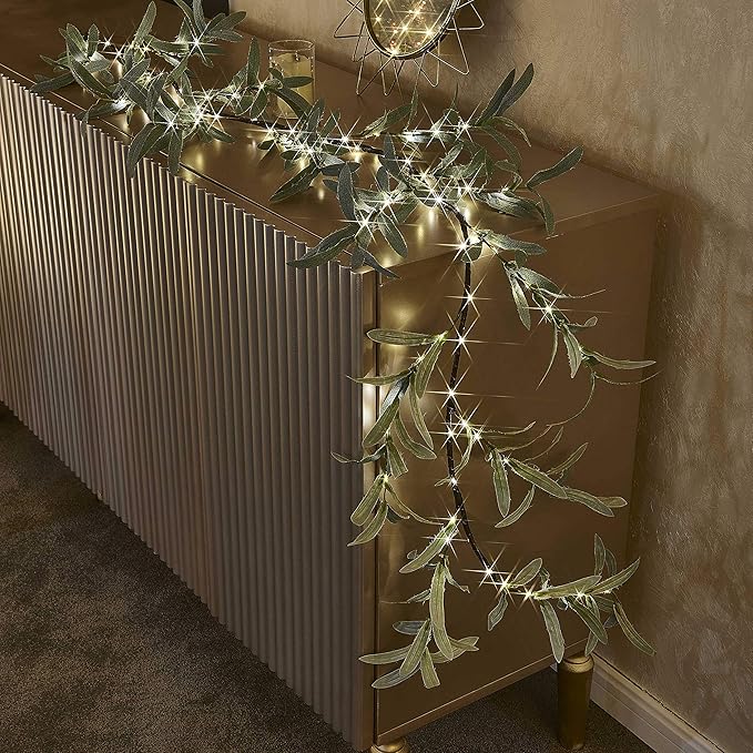 Hairui Lighted Artificial Olive Garland 6FT 96 LED Fairy Lights Battery Operated, Faux Vine Lights with Timer for Spring Christmas Holiday Fireplace Decoration