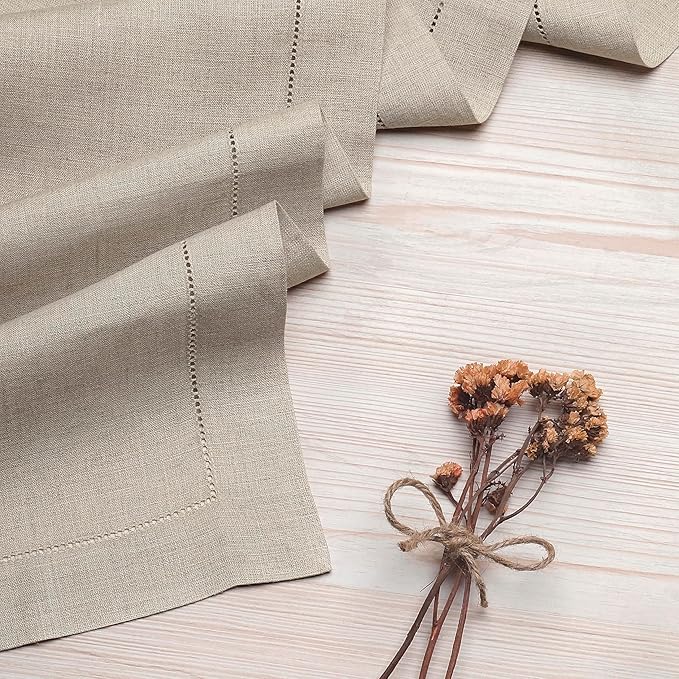 D'Moksha Homes Linen Natural Table Runner 120 Inches Long - 100% Pure Linen Hemstitch 14 x 120 Inch Table Runner for Dining, Valentines, Spring, Easter - Classic Hemstitch