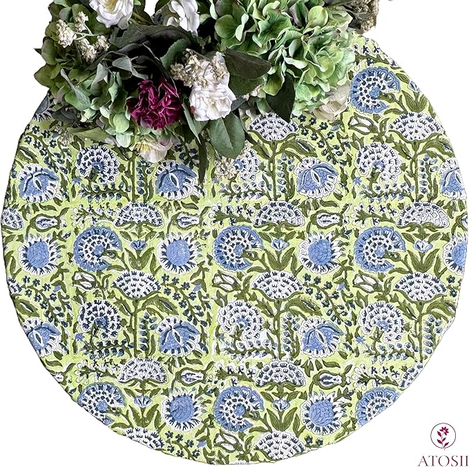 ATOSII Amara 100% Cotton Round Summer Tablecloth, Handblock Print Floral Table Cloth for Kitchen Dining Linen I Parties, Weddings, Outdoors I Grand Millennial Farmhouse Home Decor 72" Inches Round