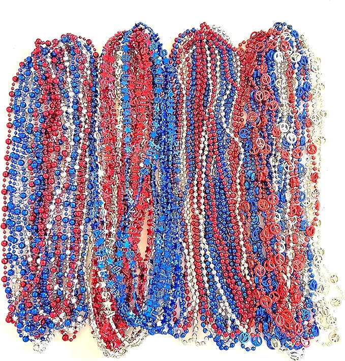 102 Pcs 4th of July Beads Necklaces Independence Day Red Blue Silver Bead Necklaces Party Favors Fourth of July Patriotic Parade Beads Party Celebration Favors Decorations