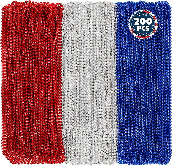 200 PCS Beads Necklace, 33" Metallic Patriotic Necklace, Red Blue Silver Fourth of July Beads Accessories Party Supplies for Adult 4th of July Independence Day Memorial Day Veterans Day