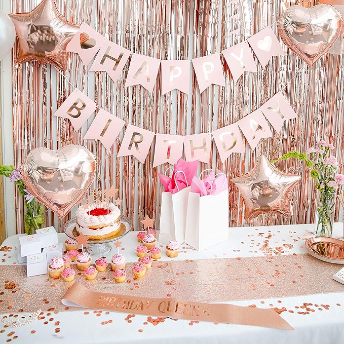 225 PC Rose Gold Birthday Party Decorations Kit for Girls, Teens, Women - Happy Birthday Banner, Curtains, Table Runner, Balloons, Sash, Tiara, Cake Topper, Plates, Cups, Napkins, Straws for 25 Guests