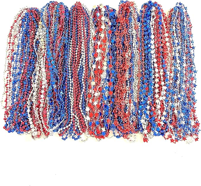102 Pcs 4th of July Beads Necklaces Independence Day Red Blue Silver Bead Necklaces Party Favors Fourth of July Patriotic Parade Beads Party Celebration Favors Decorations
