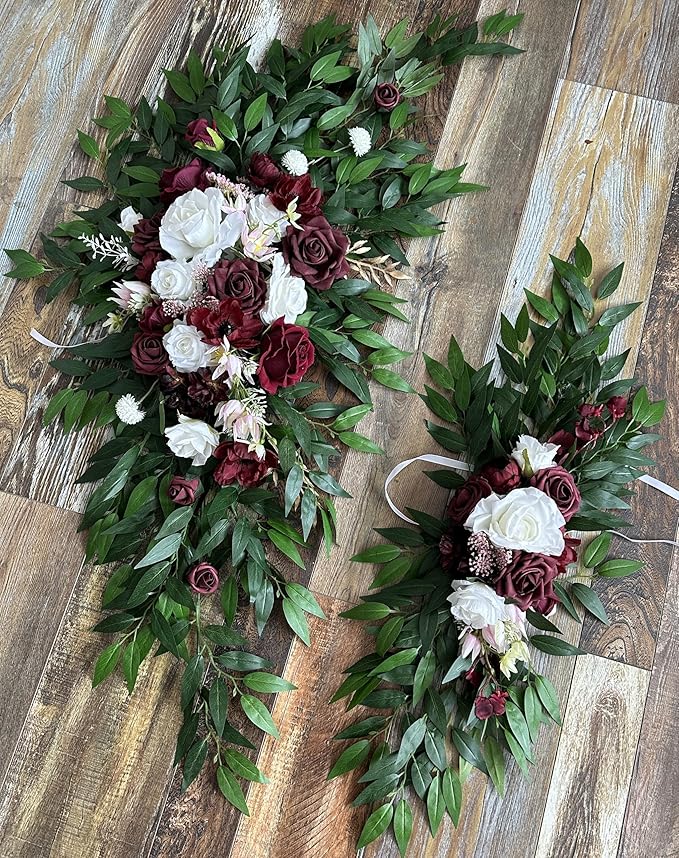 Wedding Arch Flowers with Drapes Kit (Pack of 4) - 2pcs Artificial Christmas Marsala Deluxe Swag with 2pcs Sheer Drapes for Wedding Ceremony Arbor Reception Backdrop Rose Floral Decoration
