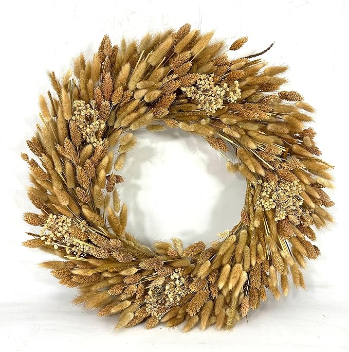Galt International 21" Preserved Golden Natural Dried Lush Wheat Autumn Fall Wreath - Straw Wreath for Front Door Farmhouse Harvest Thanksgiving Decorations Home Decor Pampas