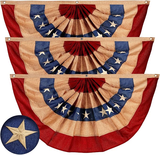 G128-3 Pack: USA Tea Stained Pleated Fan Flag 3x6FT Burlap Embroidered Polyester Stars and Stripes