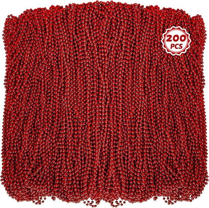 200 PCS Bead Necklace, 33 IN Red Mardi Gras Beads, Mardi Gras Party Costume Accessories, Parade Throws Beads Bulk for Christmas Pirate Wedding Party Supplies Decor