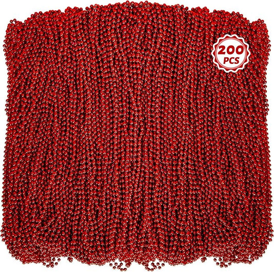 200 PCS Bead Necklace, 33 IN Red Mardi Gras Beads, Mardi Gras Party Costume Accessories, Parade Throws Beads Bulk for Christmas Pirate Wedding Party Supplies Decor