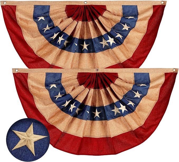 G128-2 Pack: USA Tea Stained Pleated Fan Flag 2x4FT Burlap Embroidered Polyester Stars and Stripes