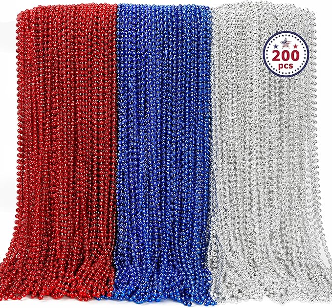 4th of July Necklace, 200PCS Independence Day Beads Toy Necklace Accessories, Fourth of July Red Blue Silver Bulk, Beads Bulk for Patriotic Parade Party Toy Celebration Favors