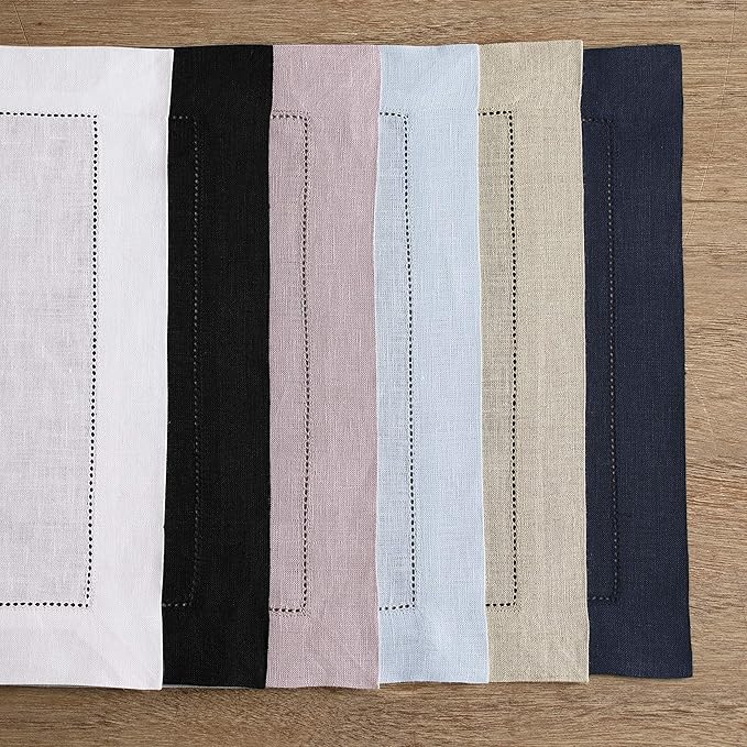Solino Home Linen Cloth Placemats Set of 6-100% Pure Linen Hemstitch Pink Placemats 14 x 19 Inch - Classic Hemstitch Table Place Mats for Valentines, Spring, Easter