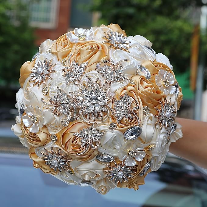 Handmade Wedding Bouquets for Bride Bridesmaid Brooch Artificial Holding Flower Tossing Bouquet(Khaki,Ivory/Apricot,19cm，1PC)