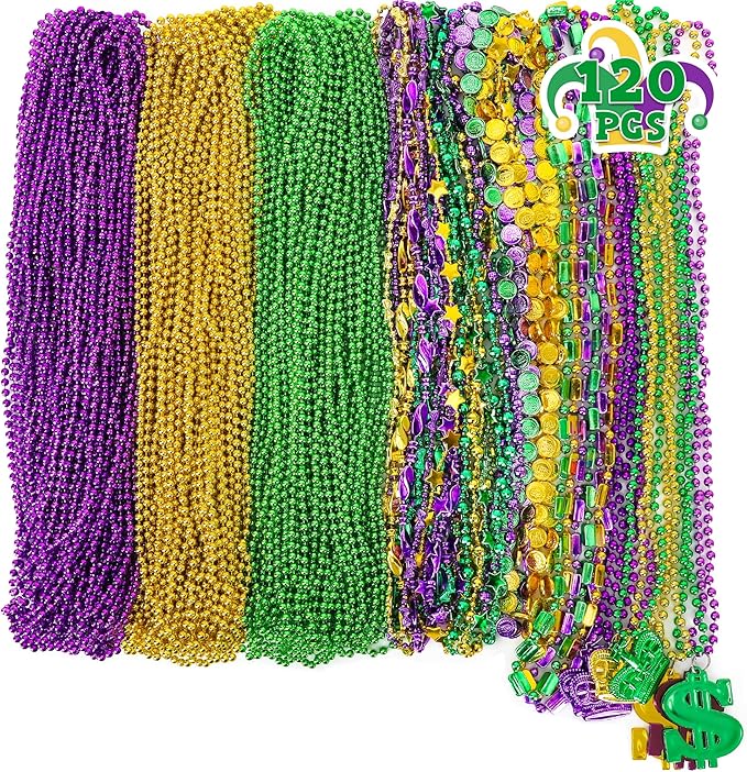 120 PCS Mardi Gras Beads Necklace Bulk, 9 Styles Mardi Gras Accessories, Purple Gold Green Mardi Gras Beads Necklaces for Mardi Gras Parade Throws Masquerade Costume Party Decorations