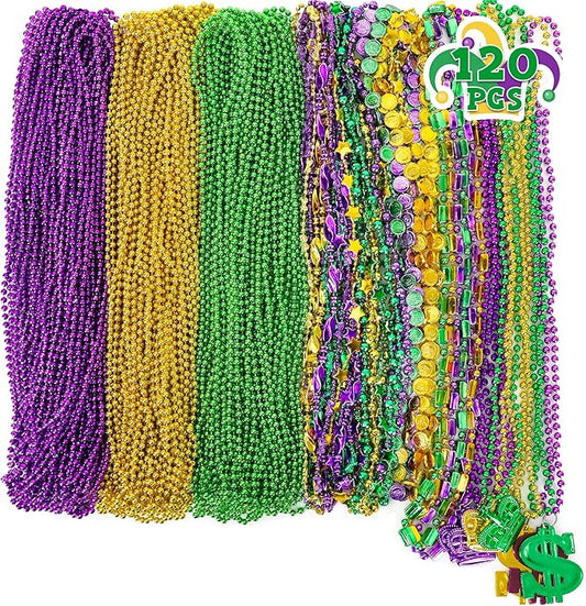 120 PCS Mardi Gras Beads Necklace Bulk, 9 Styles Mardi Gras Accessories, Purple Gold Green Mardi Gras Beads Necklaces for Mardi Gras Parade Throws Masquerade Costume Party Decorations