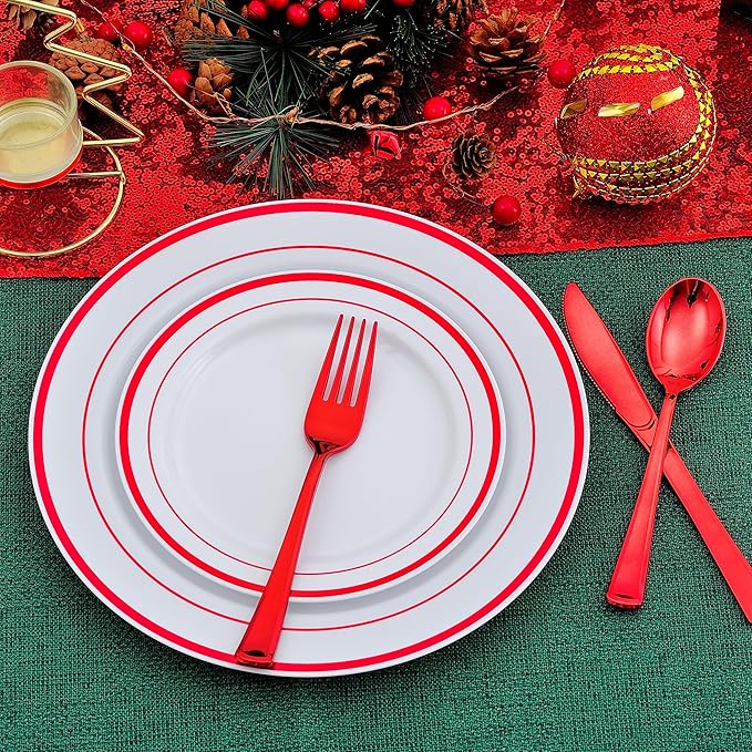 300PCS Red Dinnerware Set for 50 Guests, White and Red Plastic Disposable Plates for Party-50 Dinner Platos,50 Dessert Plates, 150 Silverware Set- Fancy Heavy Duty Party Plate