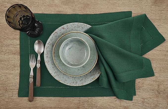 Solino Home Linen Placemats Set of 4 - Classic Hemstitch Rainforest Green Placemats 14 x 19 Inch - 100% Pure Linen Table Mats for Winter, St Patricks Day