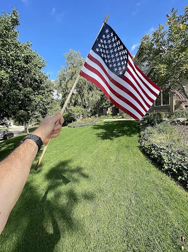 American Flags on Stick - Handheld Spearhead US Flag for 4th of July, Memorial Day Event Decorations - Patriotic Decor for Indoors & Yard - Wooden Stick, Cotton Fabric -(12" X 18" - 24 Pack)